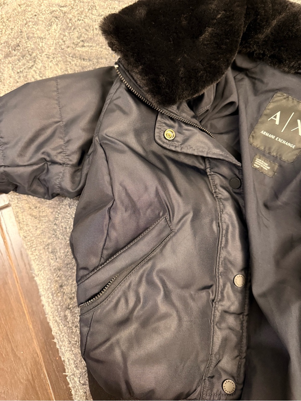 AX Armani Exchange White Duck Down Black Puffer Jacket Faux Fur Trim S - Picture 11 of 13